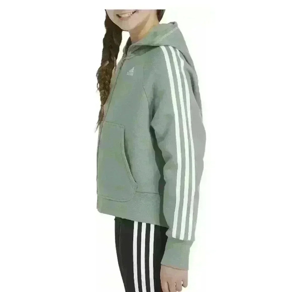 NWT Girls Adidas Zip Up Sweatshirt Hooded Fleece Silver Green Size Large 14 - Picture 4 of 7